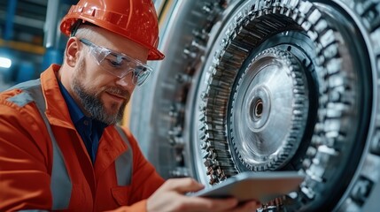 Engineer using a tablet to monitor production processes in a factory, showcasing the integration of digital technology and efficiency in modern manufacturing