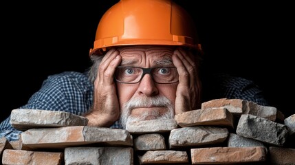 An older man with glasses and a hard hat shows signs of concern while examining a stack of bricks. The low lighting emphasizes his expression, highlighting the stress of his construction task