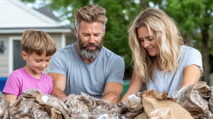 A family working hand-in-hand in their backyard, sorting through recyclable materials. The child, parents, and the bright day create an uplifting atmosphere while they focus on sustainability