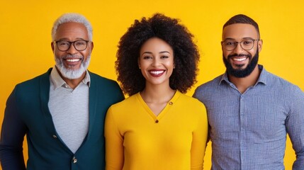 A joyful atmosphere radiates as three adults, including a man with gray hair and a beard, a woman with curly hair, and a younger man, smile brightly against a vibrant yellow backdrop