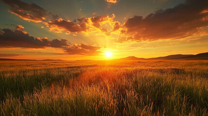 Golden Sunset Over Grassy Field with Dramatic Clouds