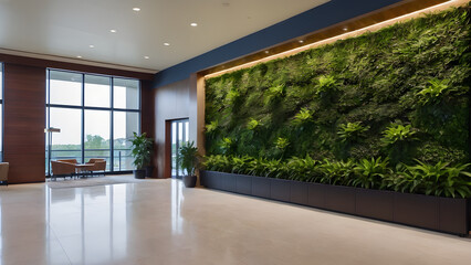 Fototapeta premium Interior of a hotel lobby, green plants in the wall.