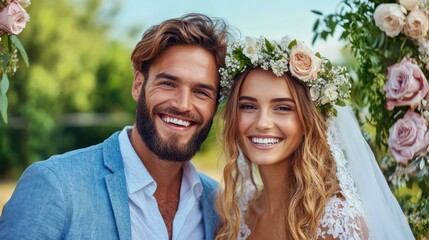 Naklejka premium A happy couple stands together, beaming with joy at their outdoor wedding, surrounded by beautiful flowers and bright greenery on a sunny day