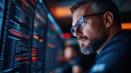 Under low lighting, a programmer intensely examines lines of code on several screens, immersed in a late-night coding session, showcasing dedication to software development