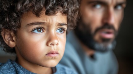 Obraz premium A young boy looks contemplative and worried while sitting next to his father, who displays a concerned expression, creating an intense atmosphere in their living space