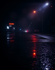 Dark night street with wet asphalt and neon reflections in water created with generative AI