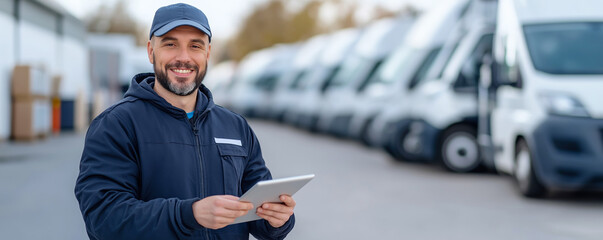 Portrait of a smiling delivery driver holding a digital tablet in front of a fleet of delivery vans