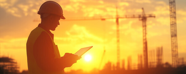 Construction engineer using a tablet on site at sunset, with crane silhouette in background
