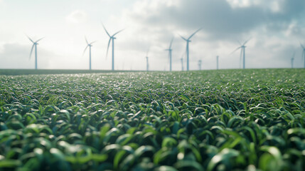 Wind Turbines for sustainability and green energy on a field of grass