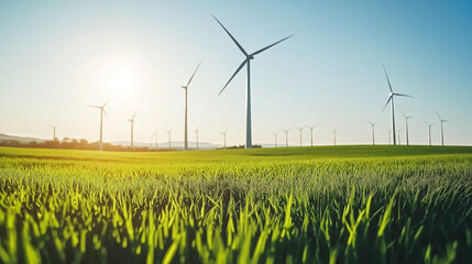 Wind Turbines for sustainability and green energy on a field of grass