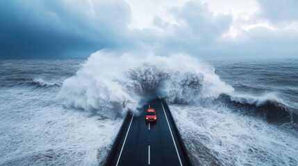 A red car navigates a flooded highway as powerful waves crash onto the road, showcasing the intensity of a stormy sea. The dramatic skies add to the storm's atmosphere