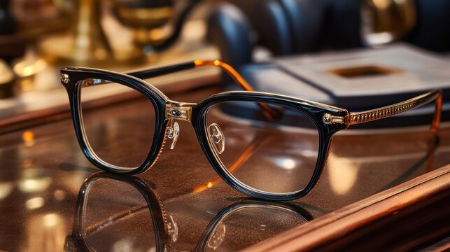 Black and Gold Eyeglasses on Wooden Surface