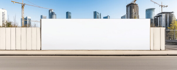 Empty white billboard near construction site with modern buildings and cranes in the background