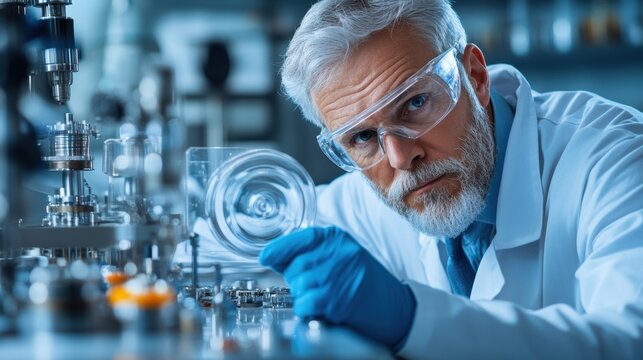 In a modern laboratory, a focused scientist studies glass components, surrounded by intricate equipment, reflecting a pursuit of innovation and precision in research