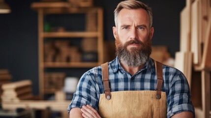 A bearded craftsman in a plaid shirt and apron stands confidently with arms crossed in a woodworking workshop filled with various tools and wooden projects, highlighting his craftsmanship