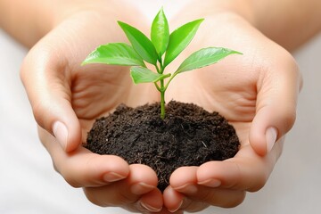 Hands Holding Young Green Plant with Soil - Concept of Growth and Care