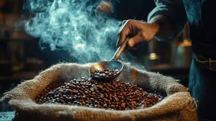 Hand holding a ladle scooping up roasted coffee beans from a pile of beans in burlap sack with cloud of smoke on top. Freshly roasted aromatic strong dark brown coffee beans