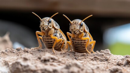 Two grasshoppers are perched on a patch of soil, showcasing their distinct patterns and colors. The scene captures the beauty of nature on a bright day