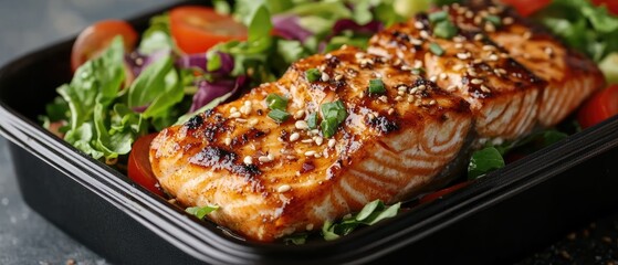 Grilled salmon with sesame seeds and green onions on a bed of mixed greens and tomatoes in a black container.