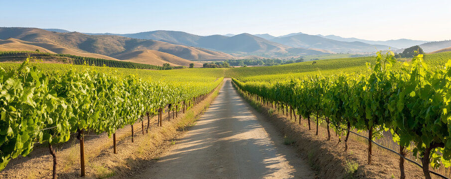 Breathtaking sunrise over a picturesque vineyard, with grapevines lining the dirt road as far as the eye can see