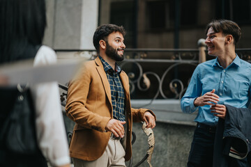 Naklejka premium A group of business professionals enjoying a casual conversation outdoors, showcasing teamwork and corporate culture through friendly interactions and casual attire.
