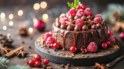 Festive cake with christmas decoration on bokeh light background.