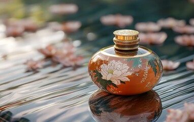 A decorative bottle, mock-up with floral design rests on a reflective surface surrounded by petals.