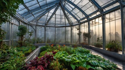 Lush greenhouse filled with diverse plants, bathed in soft morning light, showcasing vibrant greenery and natural beauty