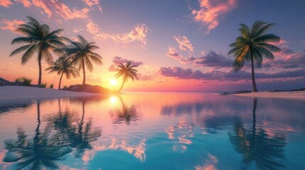 Fototapeta premium A picturesque sunset over a calm tropical beach with palm trees and a reflecting sky.
