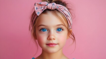 Fototapeta premium Charming portrait of a girl with bright blue eyes and a stylish pink headband against a pastel pink background.