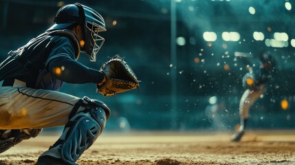 A baseball catcher in a crouched position, ready to catch a pitch.