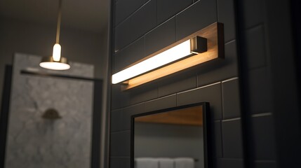 A modern bathroom with a dark gray tiled wall and a wooden light fixture.