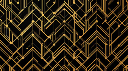 illustration of a black and gold herringbone pattern, creating a seamless background in an art deco style black and golden lines, combined with geometric shapes Generative AI