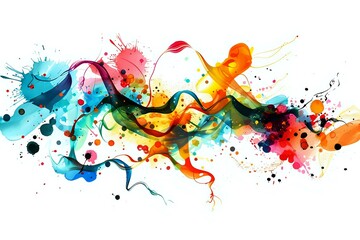 Vibrant watercolor splash abstract background with dynamic flowing shapes in blue, orange, pink and yellow perfect for creative design projects and modern art concepts.