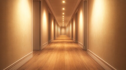 Minimalist hallway with bright lights, endless perspective