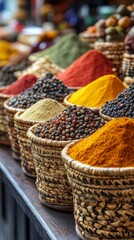 Fototapeta premium Colorful spices in woven baskets.