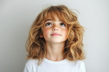 A young girl with freckles and wavy hair looks upward, wearing a white shirt, with an innocent and curious expression against a soft background.