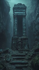 Ancient ruins in foggy canyon.