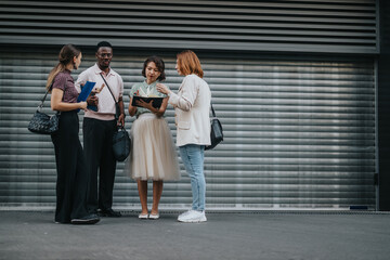 A diverse group of individuals engaged in a casual outdoor meeting in an urban setting. They appear to be discussing notes and sharing ideas.