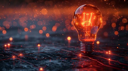 A glowing light bulb surrounded by intricate circuitry and orange particle effects, symbolizing innovation, technology, and creativity. Perfect for tech, energy, and futuristic designs.