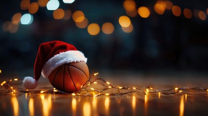 A basketball adorned with a Santa hat surrounded by festive lights on a hardwood floor.
