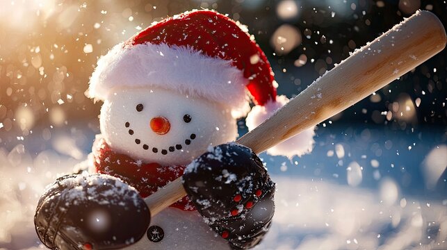 A cheerful snowman in a Santa hat holding a baseball bat in a snowy landscape.