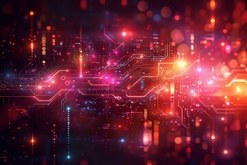 Fototapeta premium A vibrant digital abstract featuring glowing circuitry and neon lights in red and orange tones, evoking a futuristic and high-tech atmosphere. Perfect for technology and innovation themes.