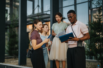 A diverse group of business people engaged in a business meeting outdoors, sharing ideas and...