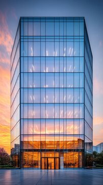 Modern glass office building at sunset.