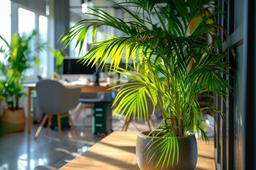 Fototapeta premium Lush Green Palm Plant in a Modern Office Setting