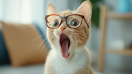 A surprised cat wearing glasses, expressing curiosity and amazement at its surroundings.