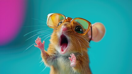 A surprised hamster wearing oversized glasses with a colorful background.
