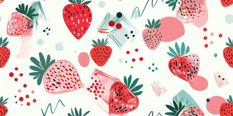 Seamless pattern of vibrant hand-painted strawberries with artistic watercolor splashes on a light background. Ideal for fabric, packaging, and summer designs