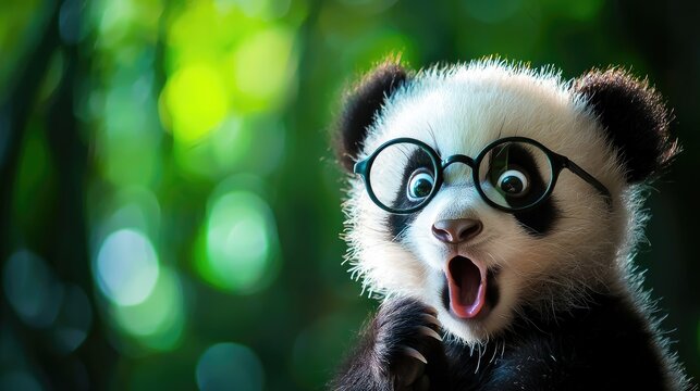 A surprised panda wearing glasses, expressing curiosity in a lush green environment.